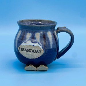 Vtg Steamboat Colorado Ski Resort Stoneware Blue Mug with Skis Bottom